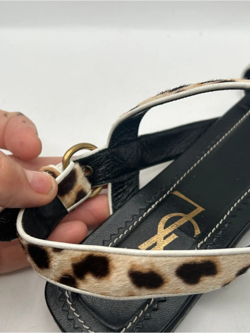 Womens YSL Leopard Calf Hair Sandals Flat Strappy Square Toe Italy 40 luxury - Picture 11 of 13